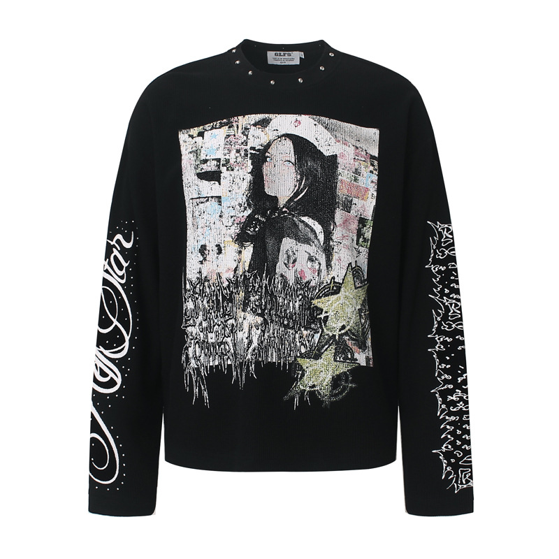 Street Fashion Hip Hop - Herenshirt met graffiti-print en rivetten, modieus