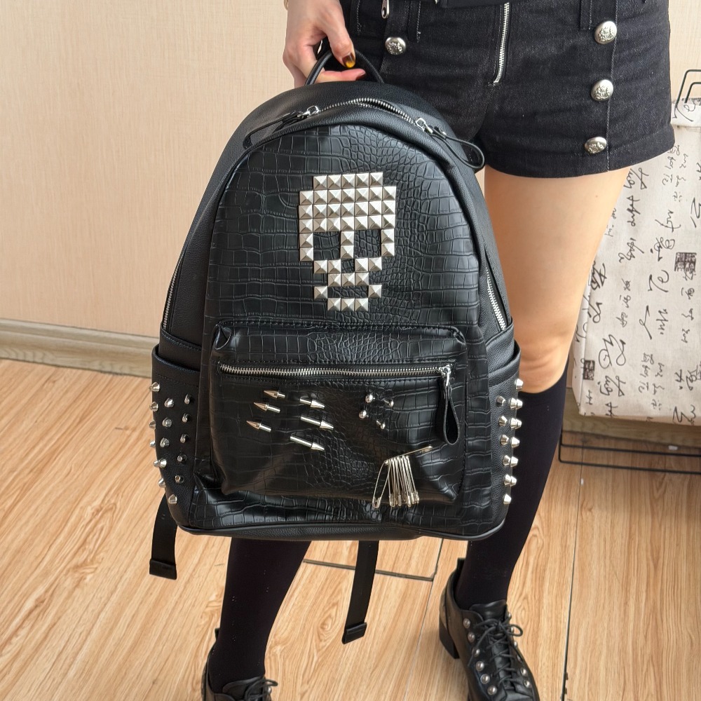 Street Fashion Hip Hop - Originele zwarte krokodillenpatroon schedel klinknagel rugzak