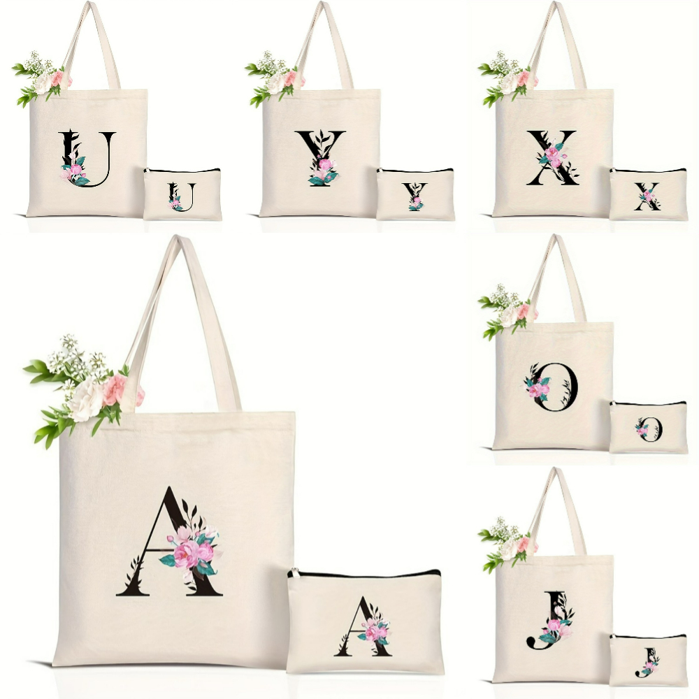 Tote Bag Canvas Print - Elegante bloemen alfabet draagtas herbruikbare milieuvriendelijke